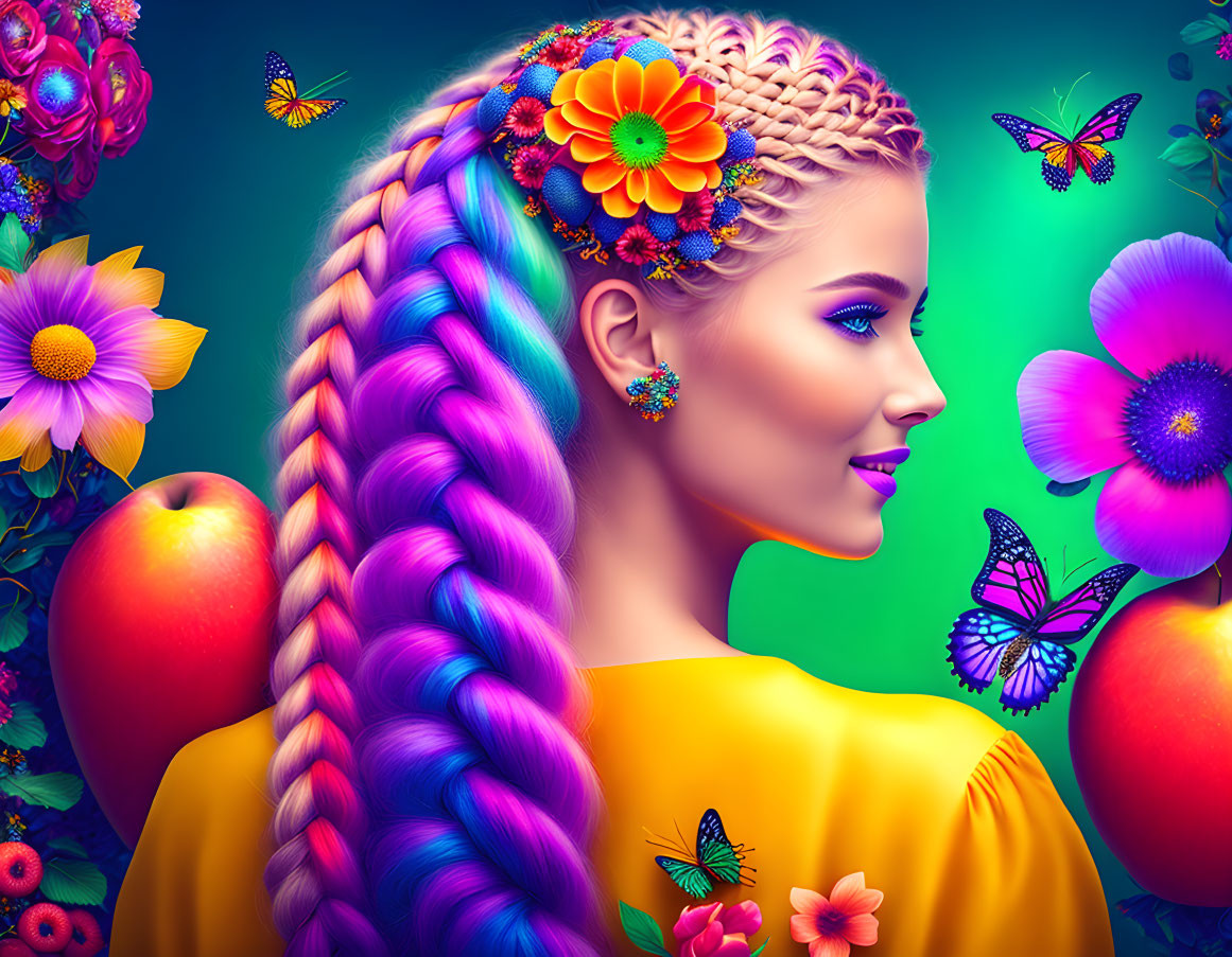 Colorful Braided Hair Woman with Butterflies and Fruits on Teal Background