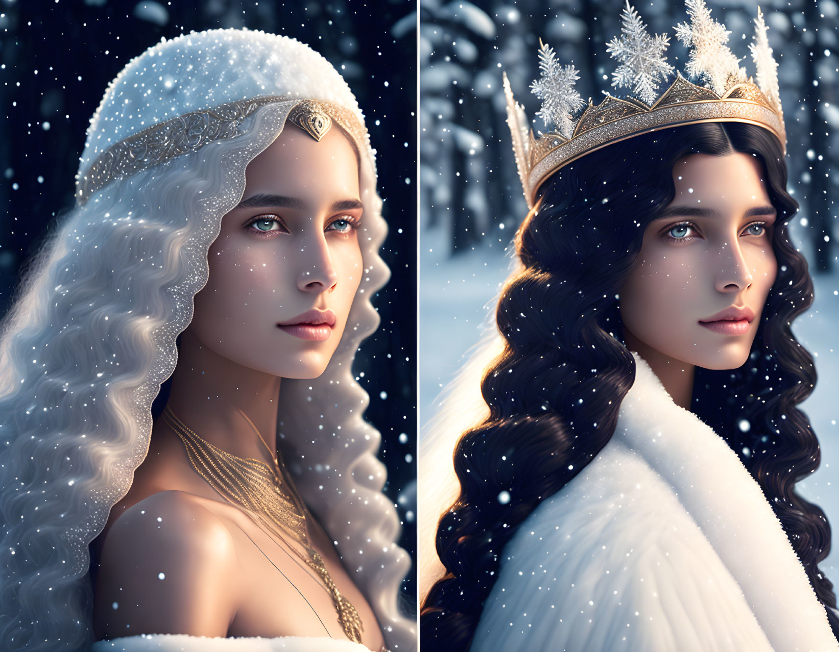 Fantasy queen portraits with elaborate crowns: one with white hair, snow backdrop; the other with