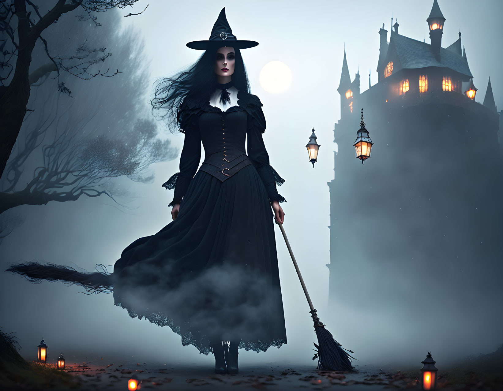 Mysterious witch with broom at foggy castle under full moon