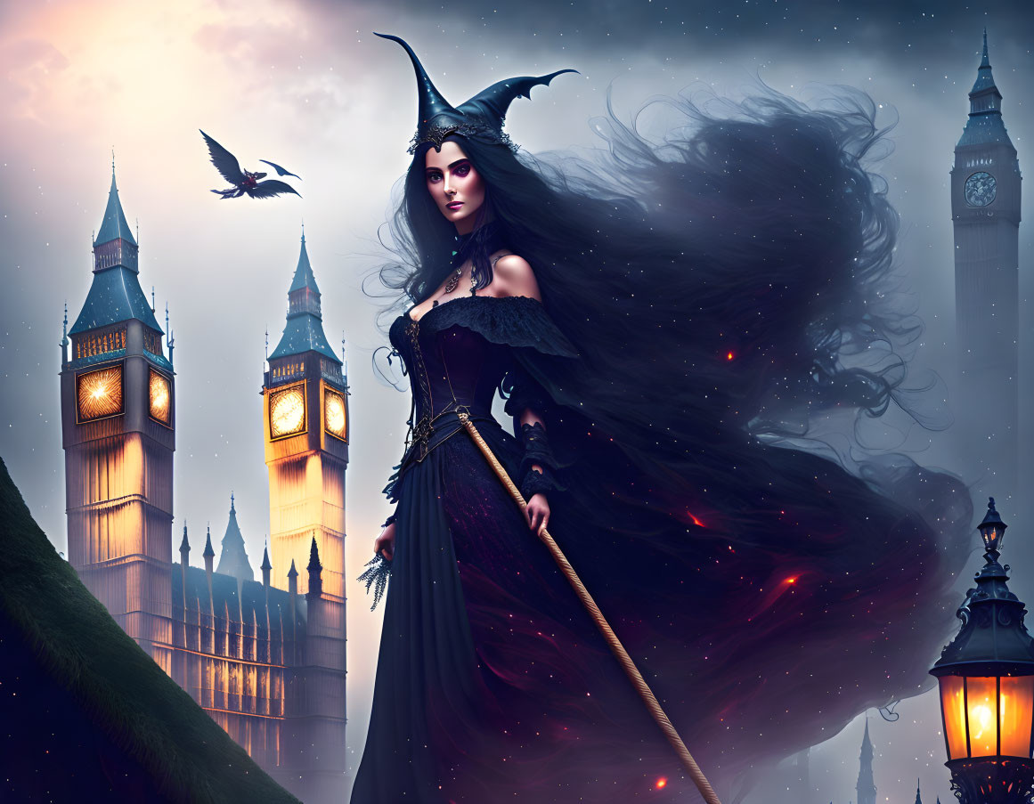 Fantastical woman in dark gown with horned headpiece in misty Gothic London