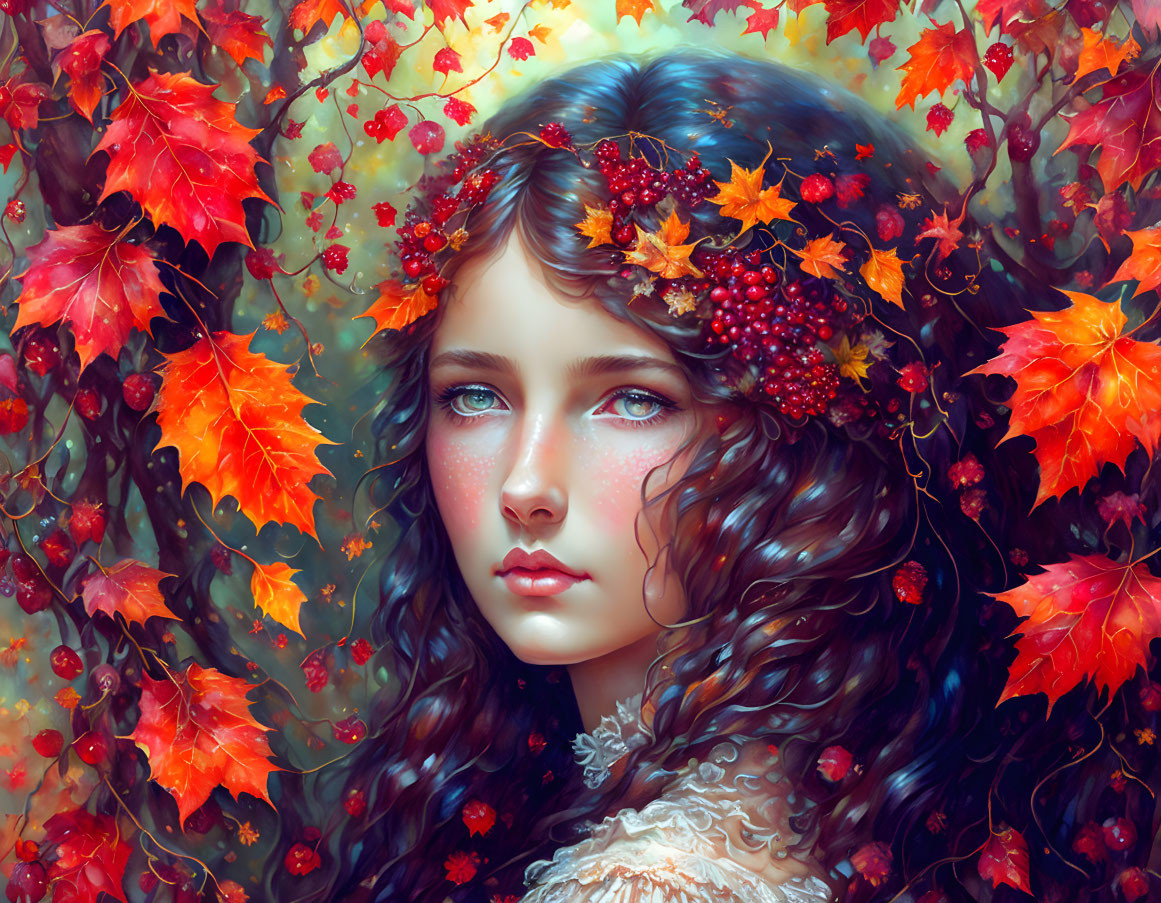 Digital portrait: Young woman with autumn leaves and berries in flowing hair under vibrant red foliage