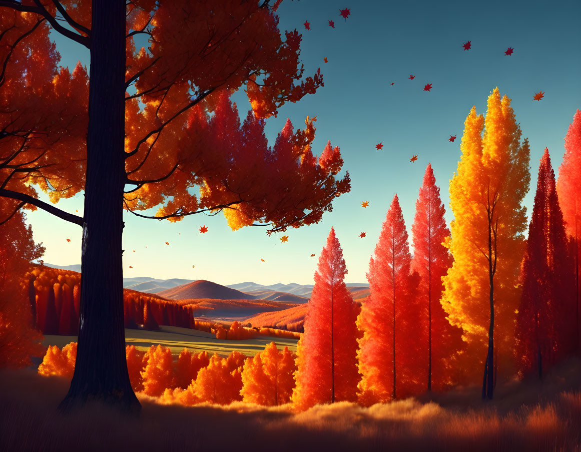 Vivid Orange and Red Autumn Foliage Landscape with Rolling Hills