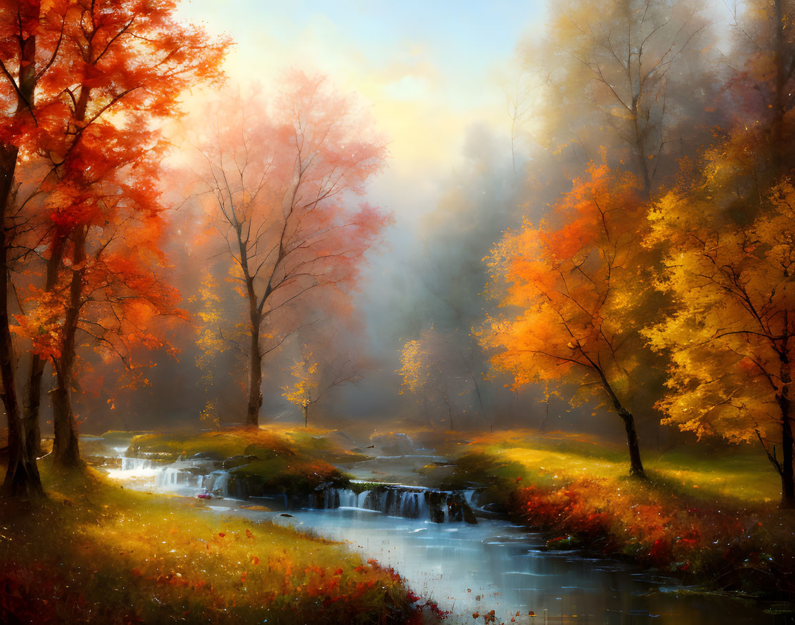 Tranquil autumn landscape with vibrant leaves, soft sunlight, and gentle stream.