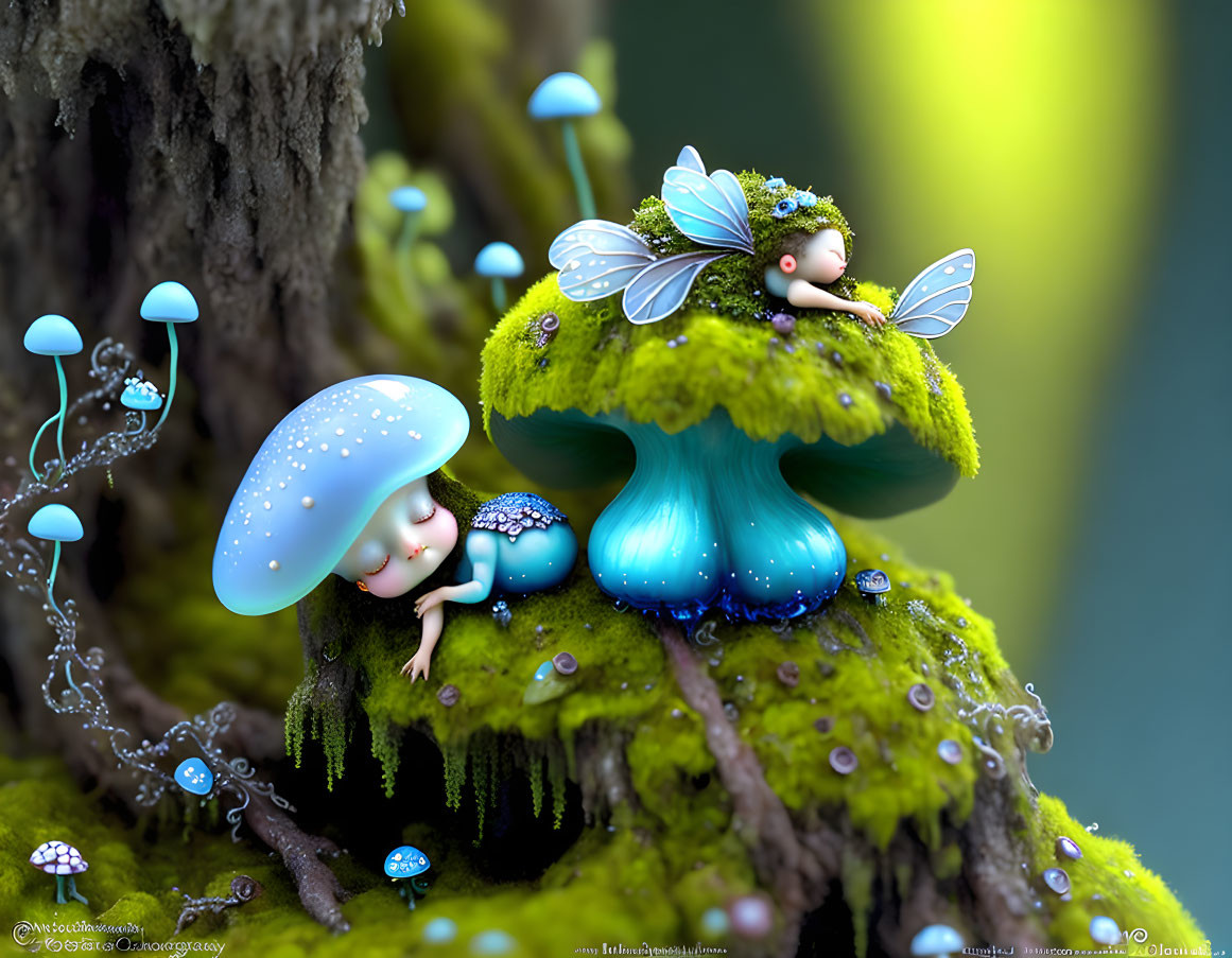 Whimsical small fairy creatures on vibrant blue mushrooms in mystical forest