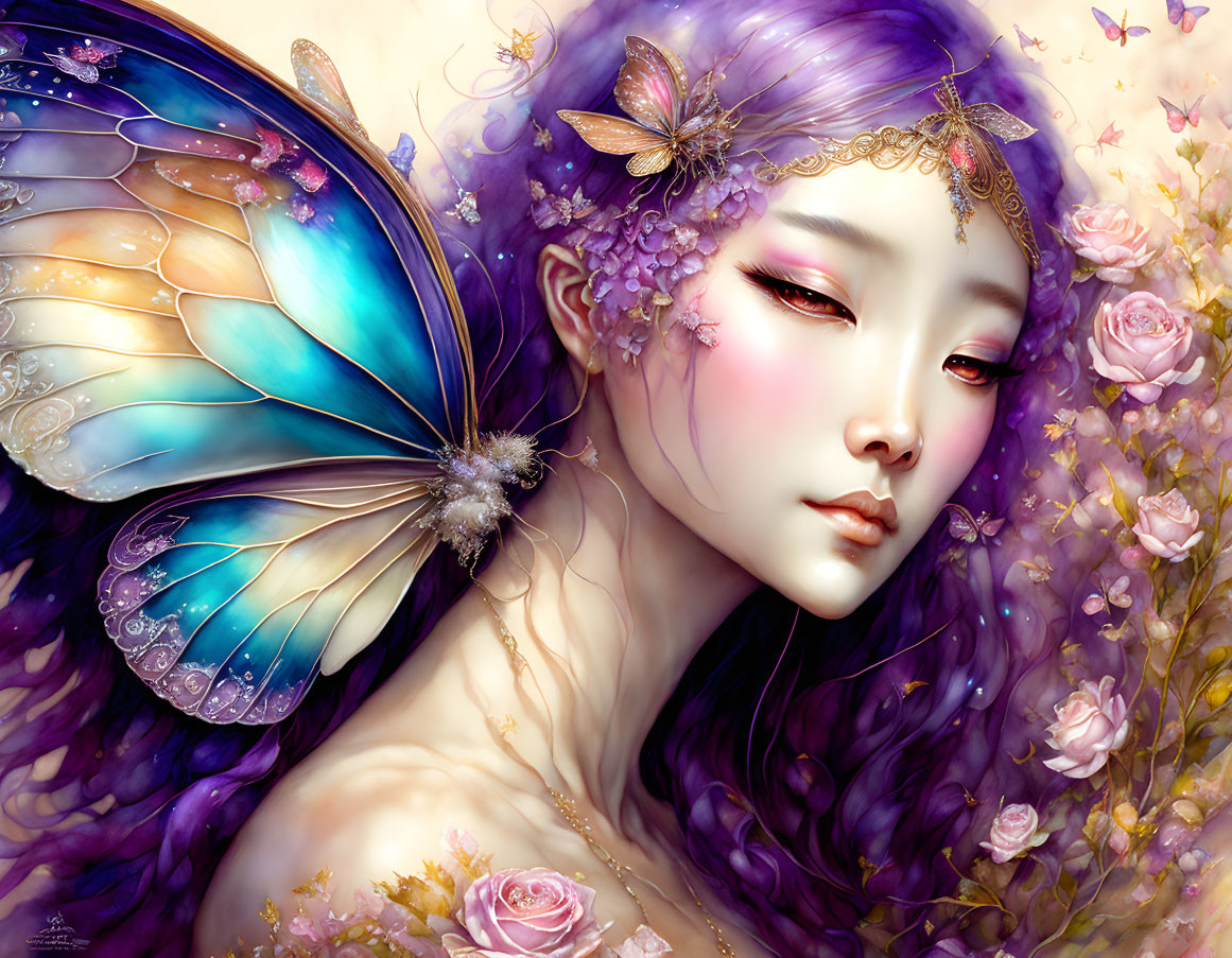 Fantasy artwork of woman with butterfly wings in floral setting