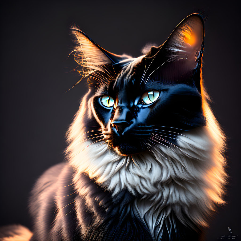 Majestic digital illustration: Blue-eyed cat with glossy black fur in golden light