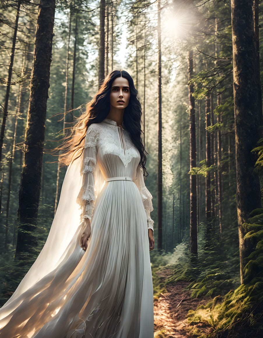 Woman in white dress with flowing dark hair in sunlit forest