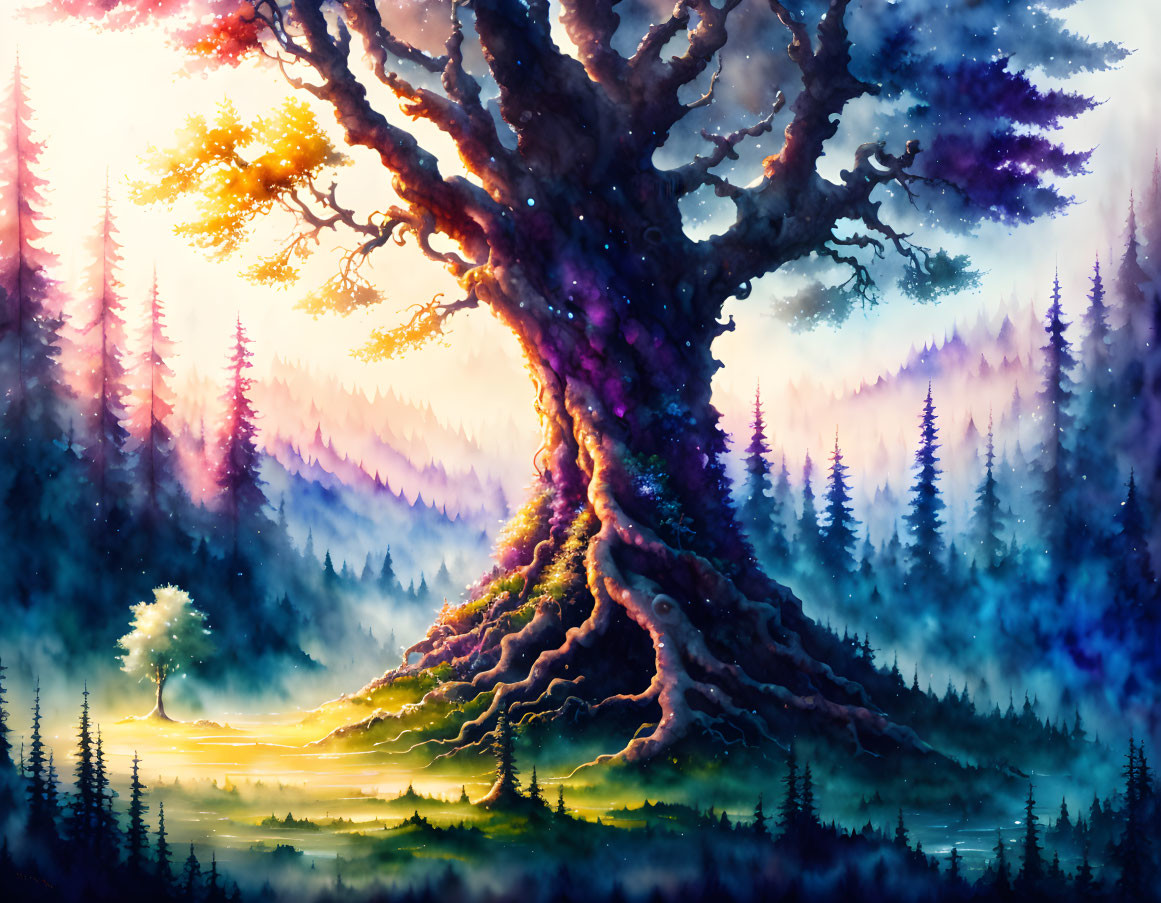 Colorful painting of giant tree with galaxy pattern in misty forest landscape