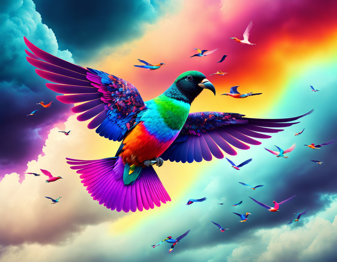 Colorful bird soaring in vibrant sky with flock.