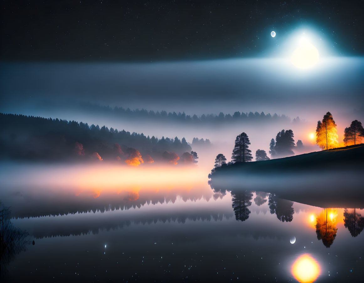 Foggy lake night scene with glowing lights and starlit sky