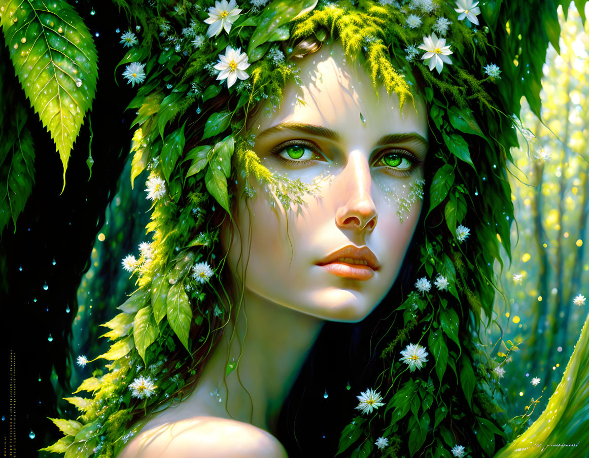 Portrait of woman with green hair and floral adornments against forest backdrop