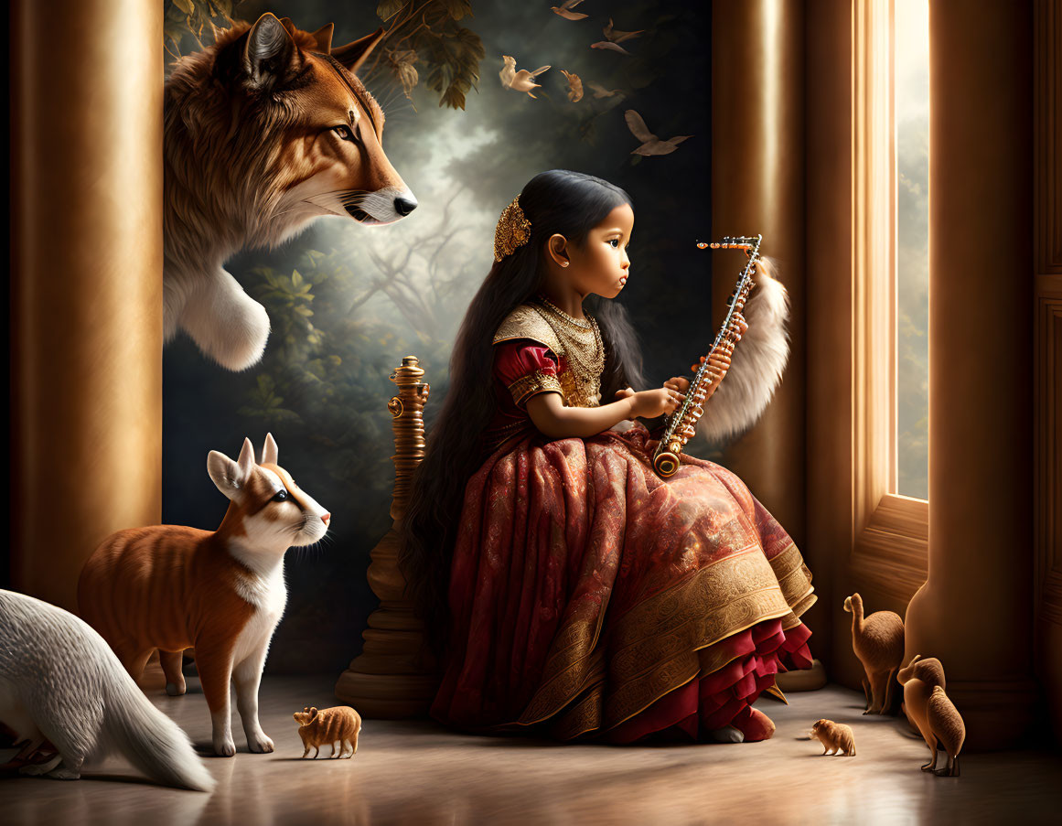 Young girl in red dress playing stringed instrument with animals listening attentively