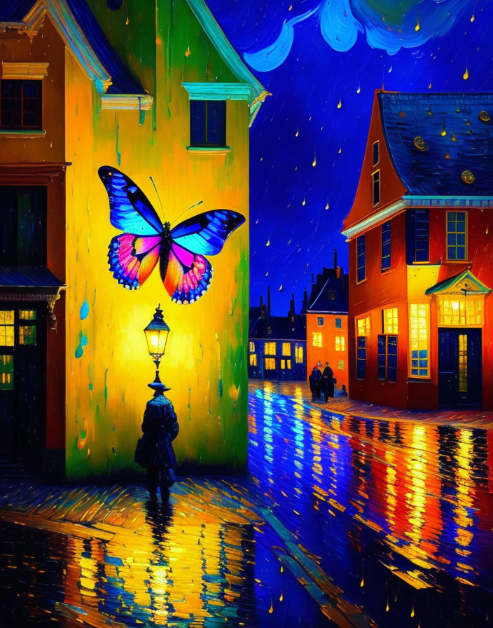 Colorful painting of rainy night street with butterfly