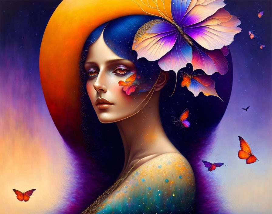 Colorful surreal portrait of a woman with butterfly and halo surrounded by butterflies