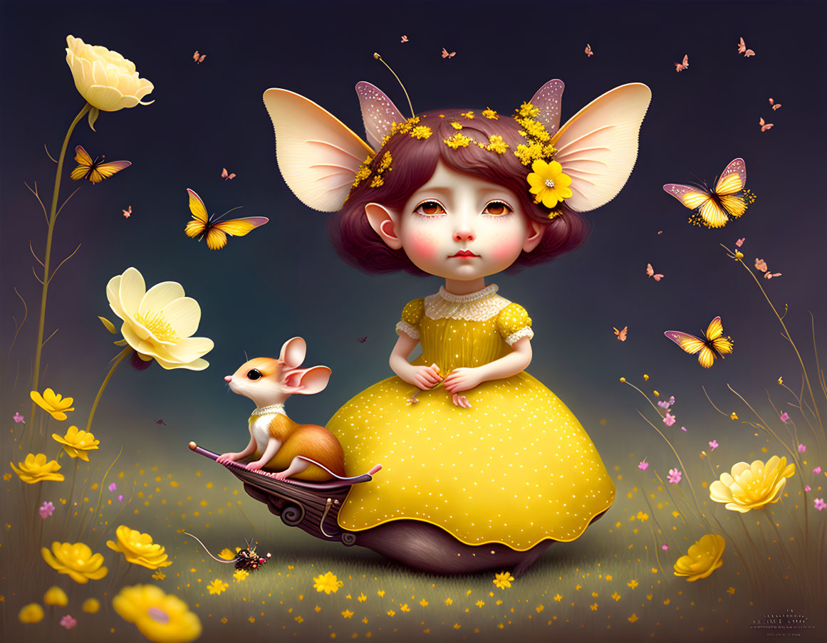 Illustration of girl with large ears on snail amidst butterflies and flowers