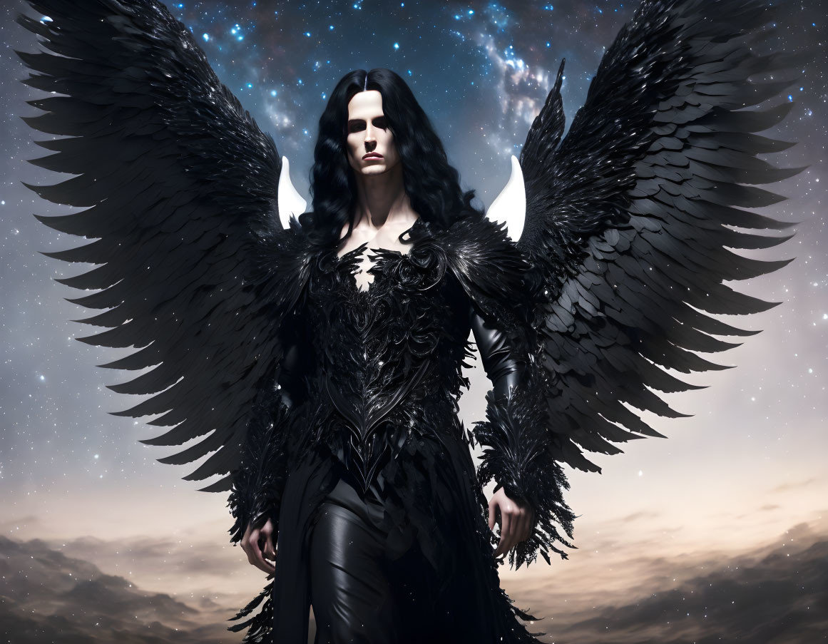 Dark angel wings and black feathered outfit under starry night sky