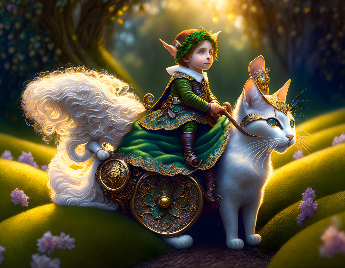 Illustration of elf riding white cat in fairy-tale forest