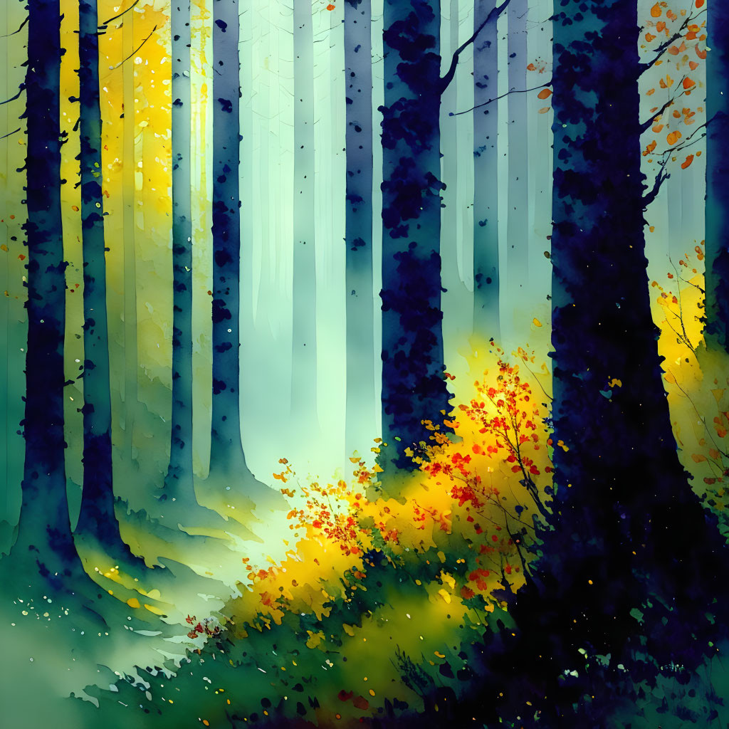 Digital Art: Vibrant Autumn Forest with White Trunks