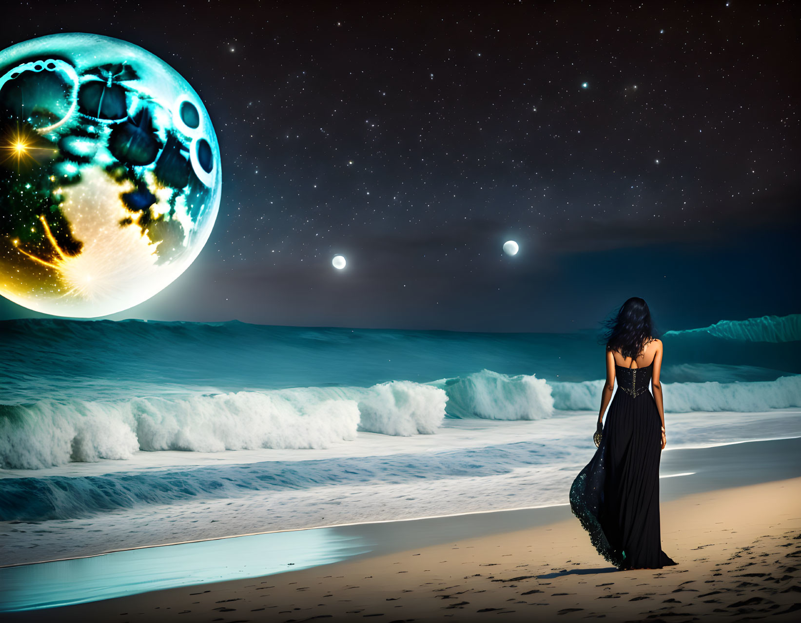 Woman in black dress gazes at large moon on beach at night