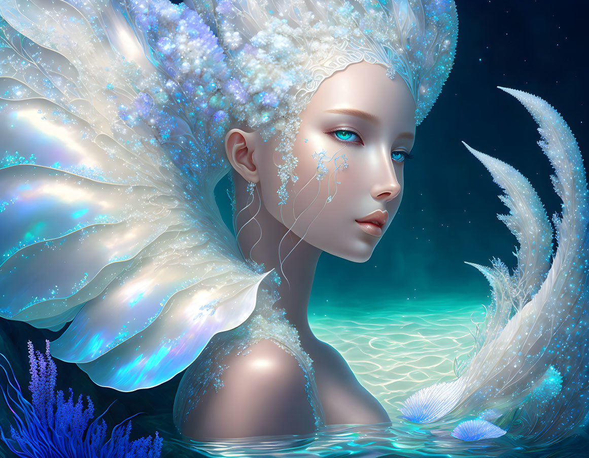 Ethereal woman with luminescent wings and jewel adornments on blue backdrop