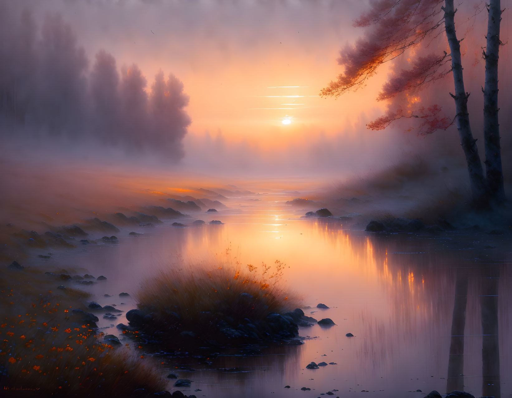 Tranquil autumn sunset scene with river, trees, and hazy atmosphere