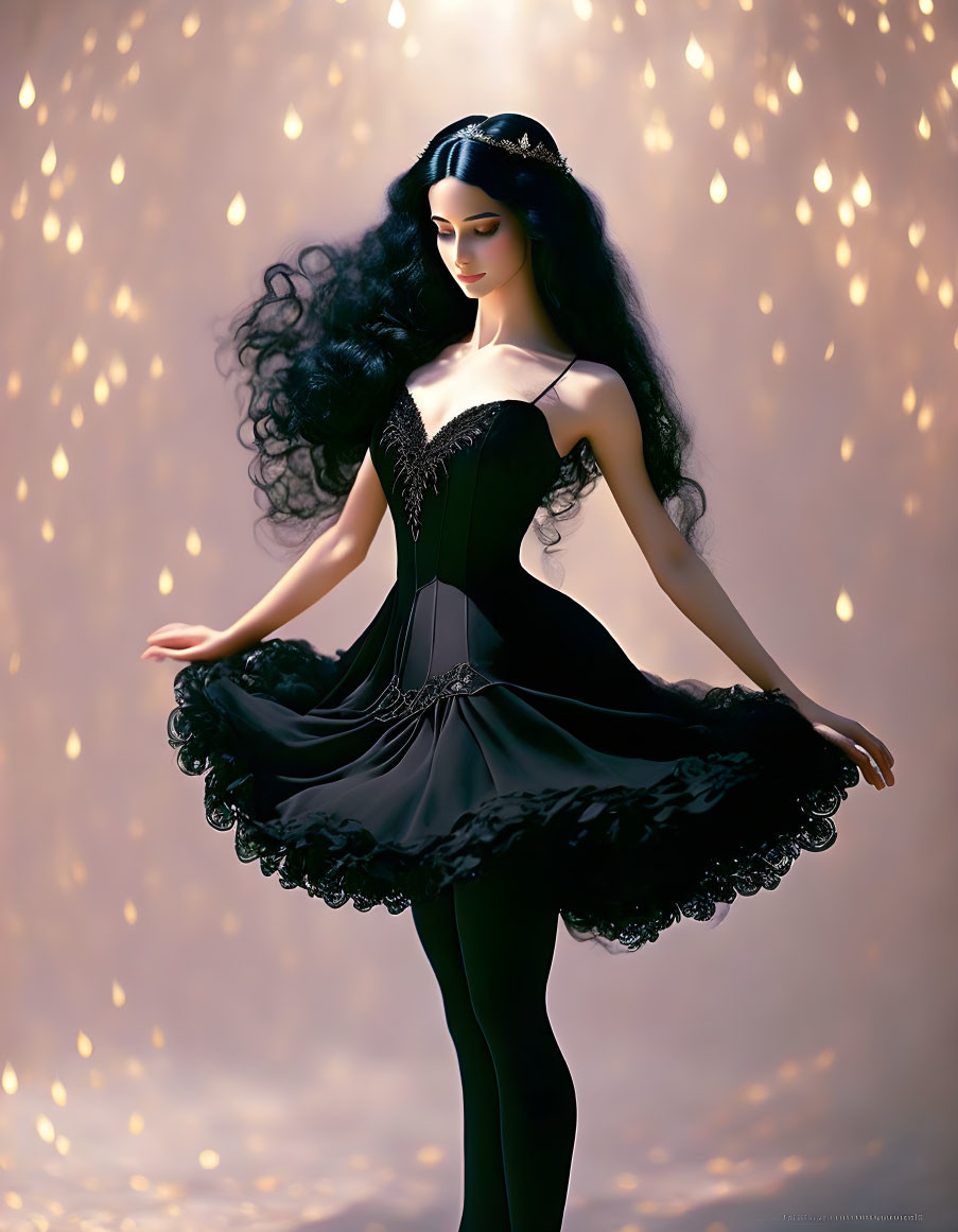 Elegant doll with long black hair in dark dress and tiara against glowing lights