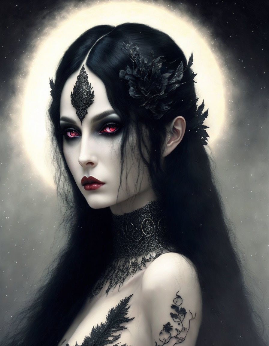 Gothic woman portrait with dark makeup and red eyes