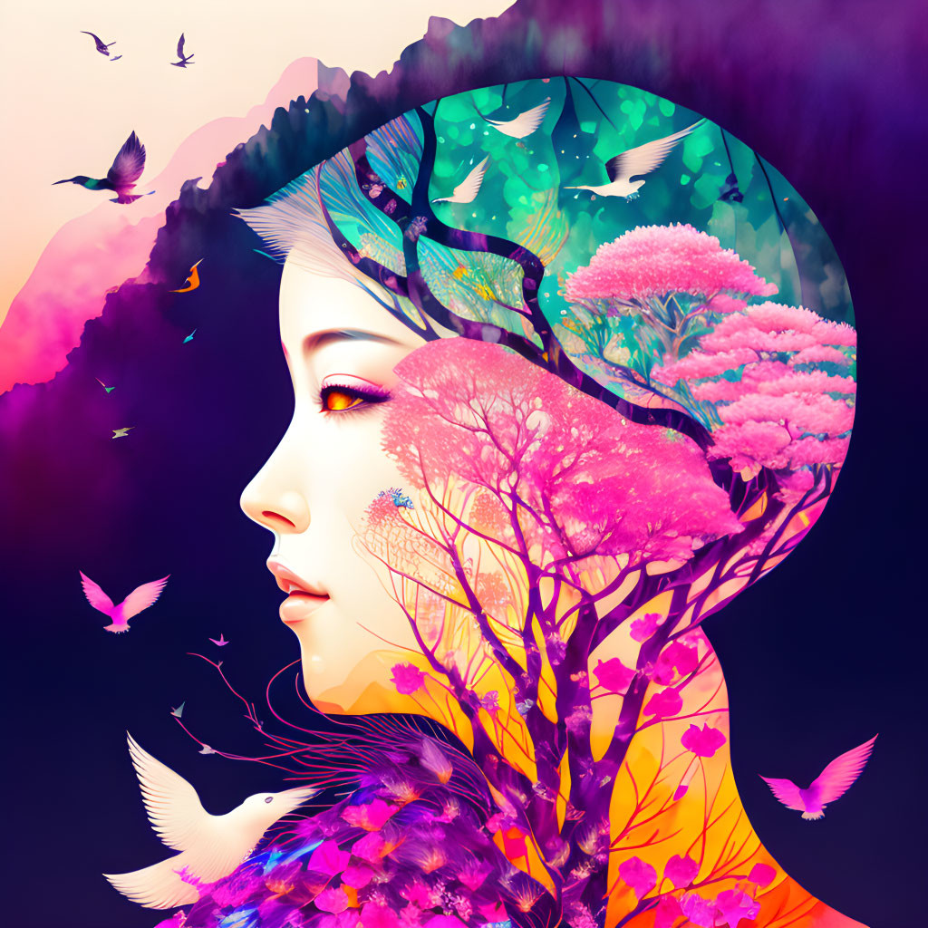 Colorful Nature-Themed Digital Art of Woman with Trees, Flowers, and Birds