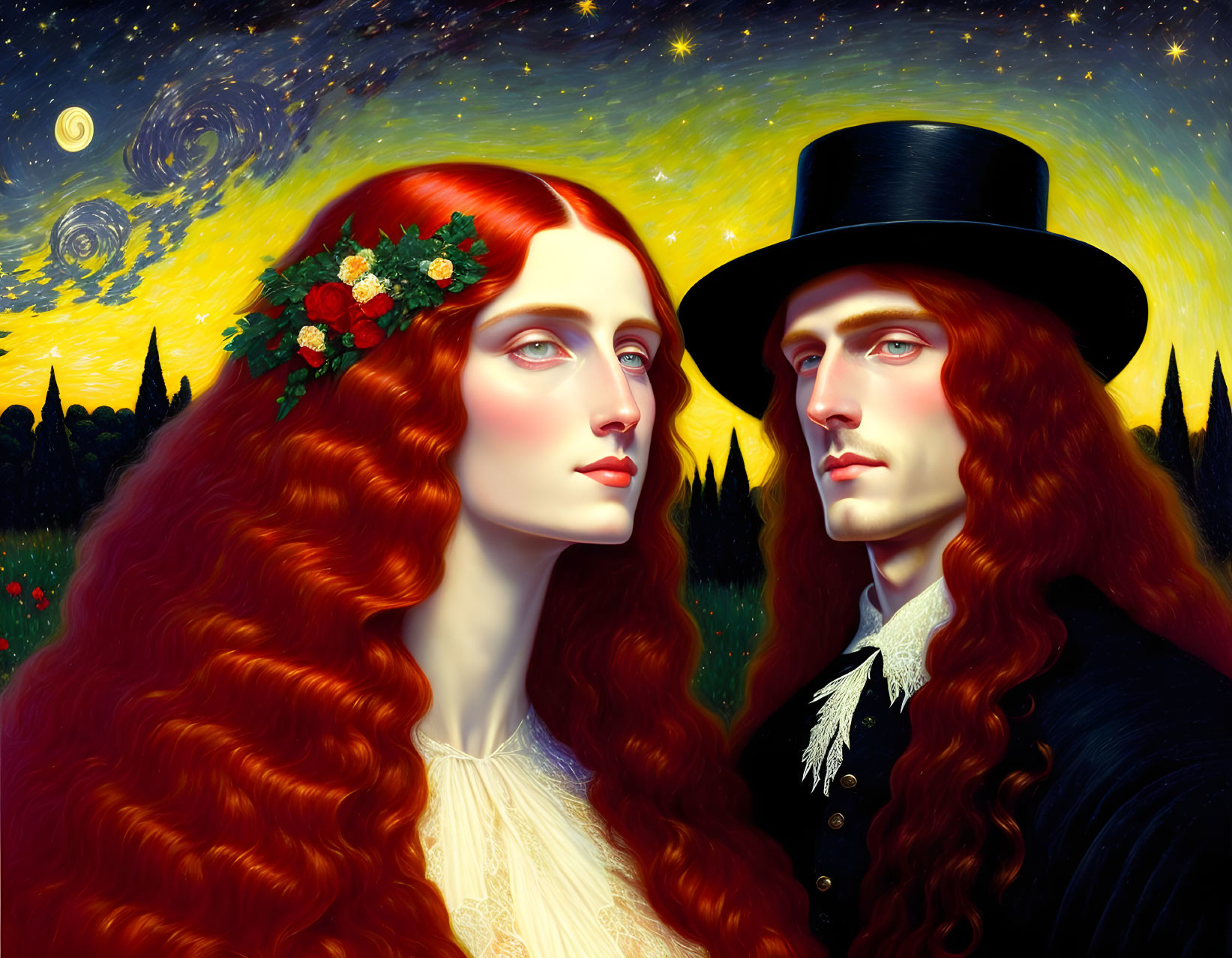 Stylized portrait of couple with red hair in floral wreath and top hat under starry night