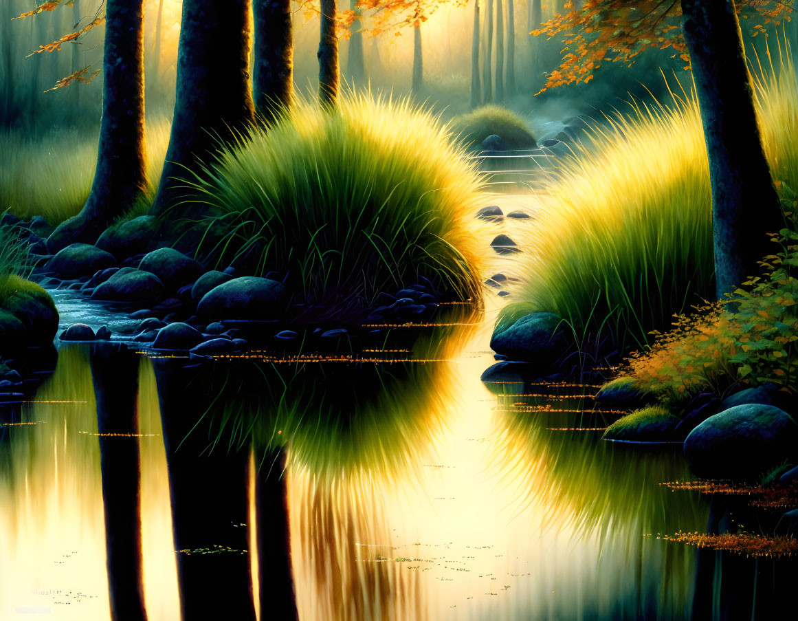 Tranquil forest stream with golden light and reflections