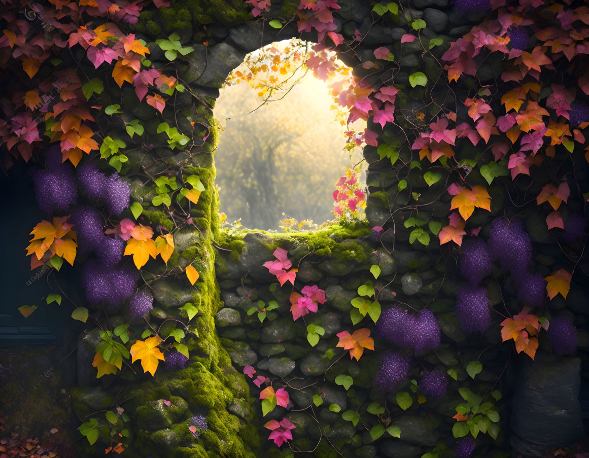 Stone window with autumn leaves and moss overlooking forest in golden light