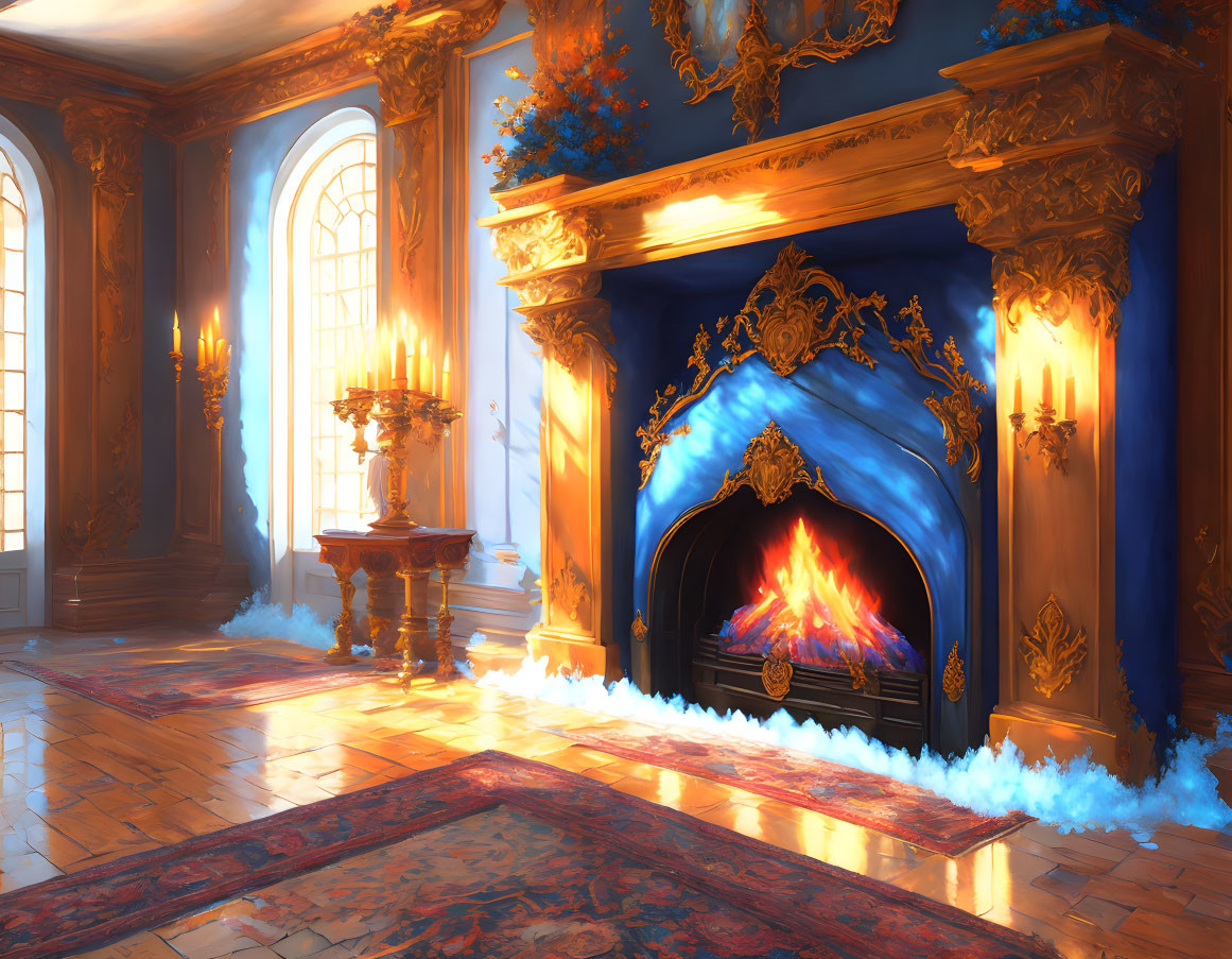 Luxurious room with blue fireplace, golden decor, candles, and sunlight.