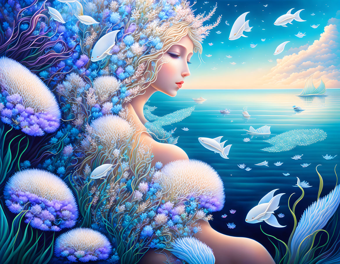 Surreal illustration: Woman blending with ocean nature under twilight sky