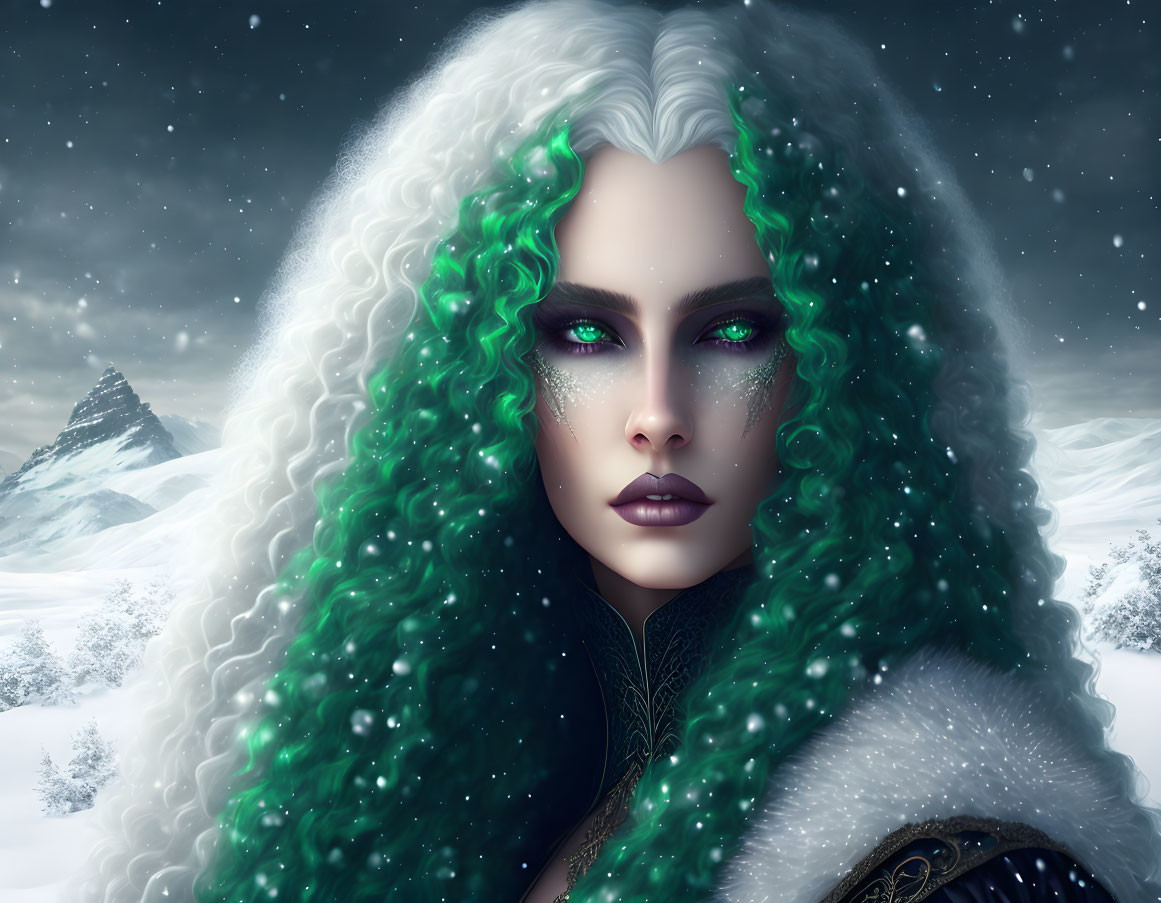 Dual-Toned Hair Woman Fantasy Portrait in Snowy Landscape