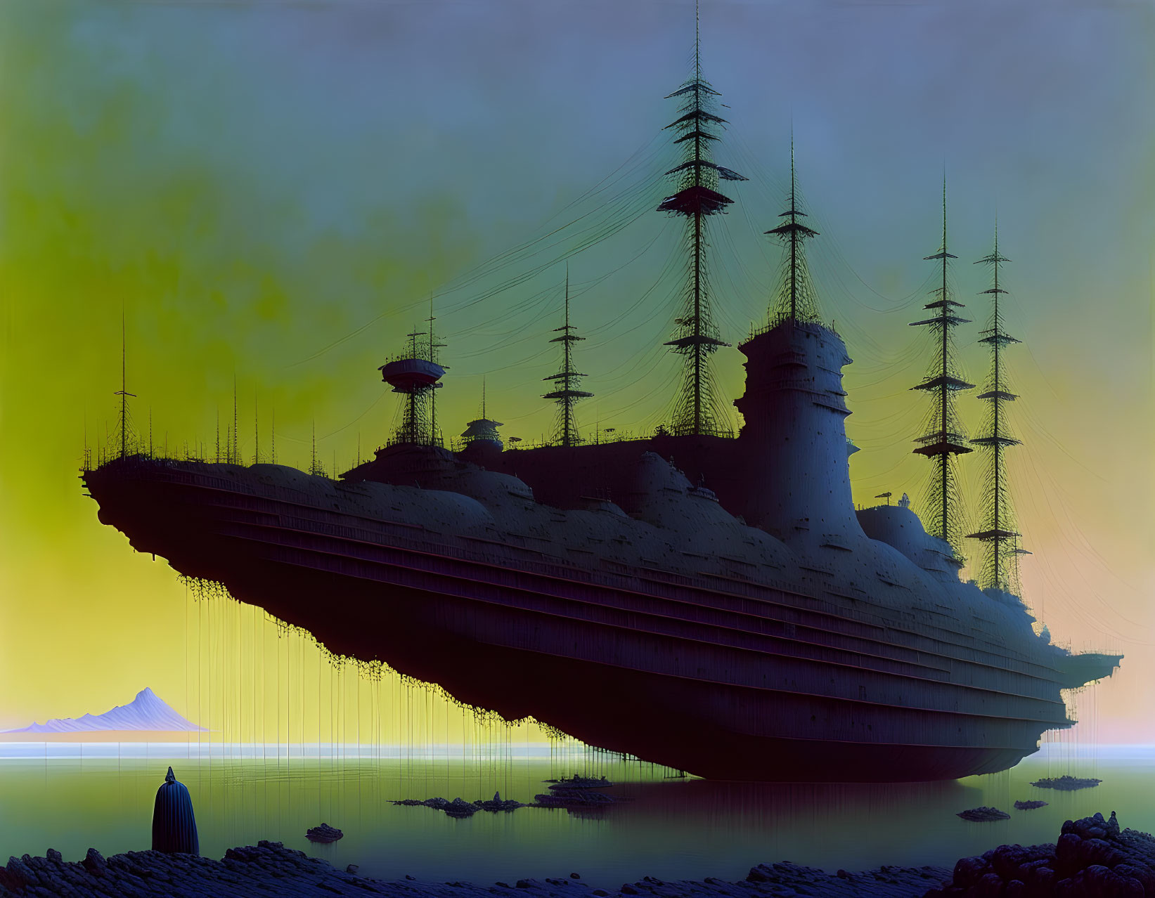 Surreal ships with forest-like masts on calm sea under green-yellow sky