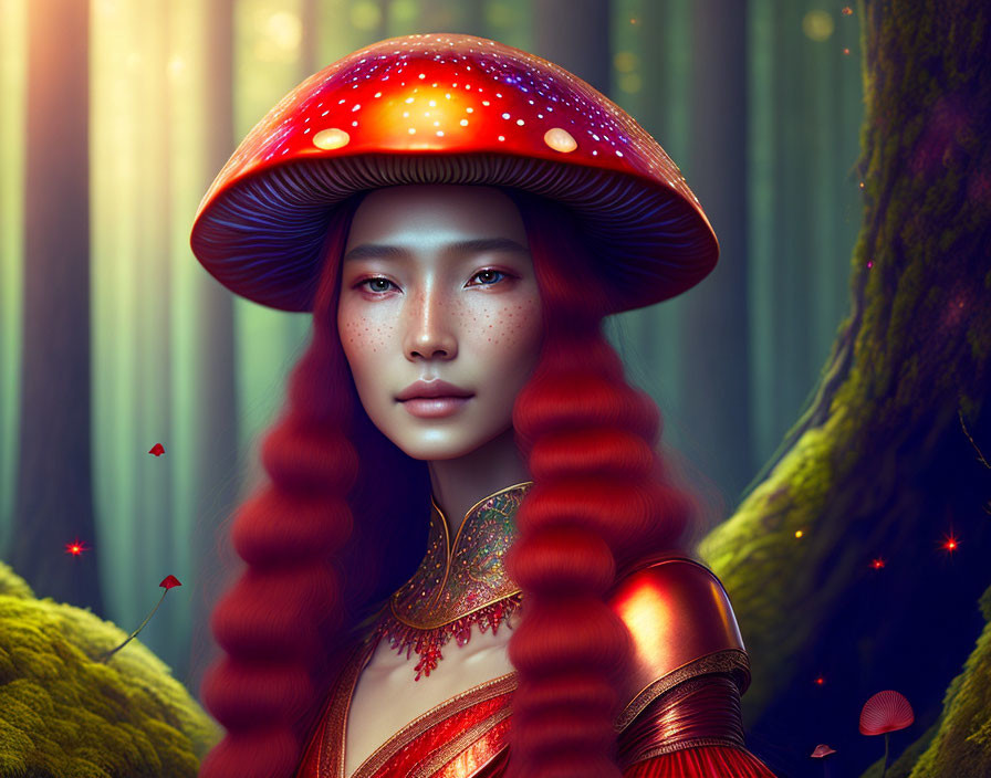 Digital Artwork: Woman with Mushroom Cap Hat in Mystical Forest