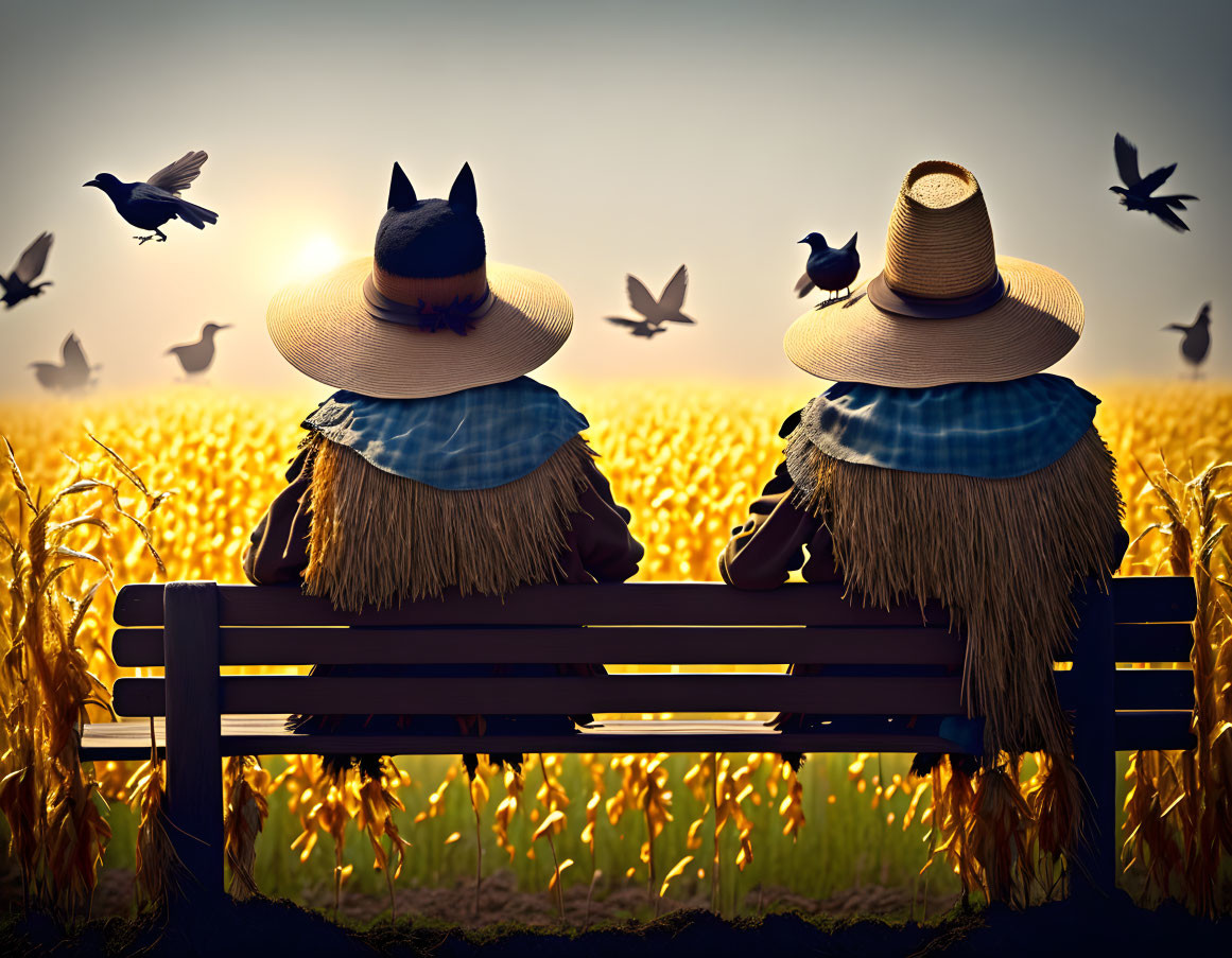 Scarecrows in hats and blue shirts on bench in wheat field at sunset