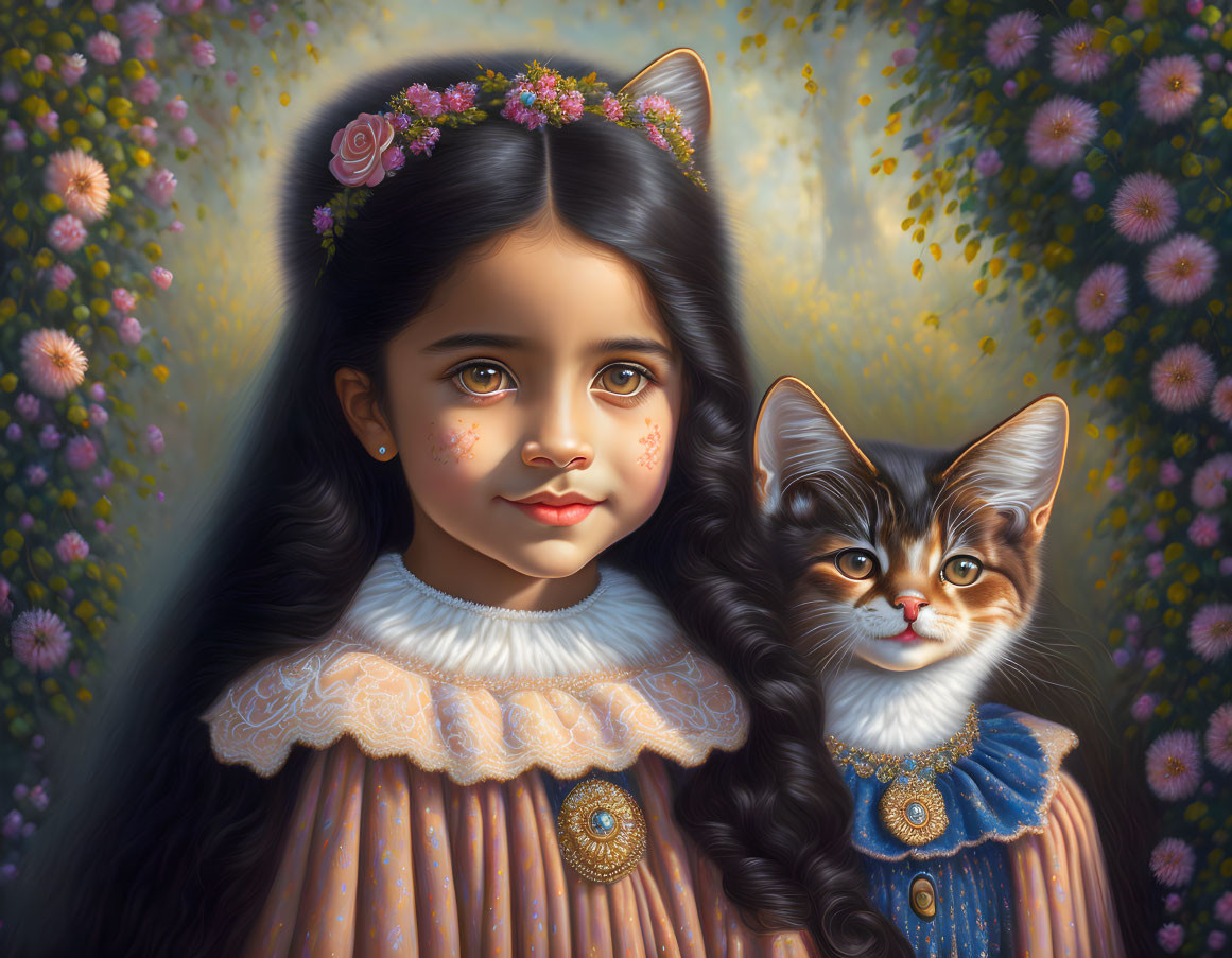 Hyperrealistic Painting: Young Girl and Cat in Floral Attire on Flower-Filled Background