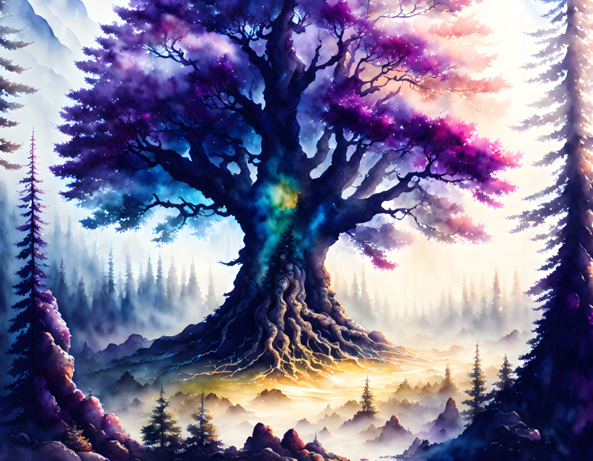 Colorful foliage tree illustration in misty twilight forest