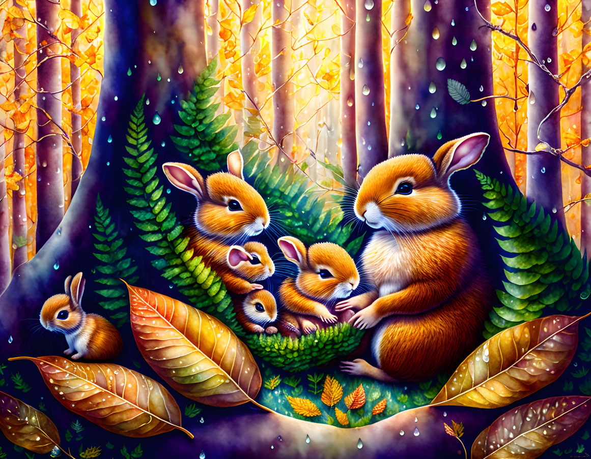 Colorful family of rabbits in autumn forest scene