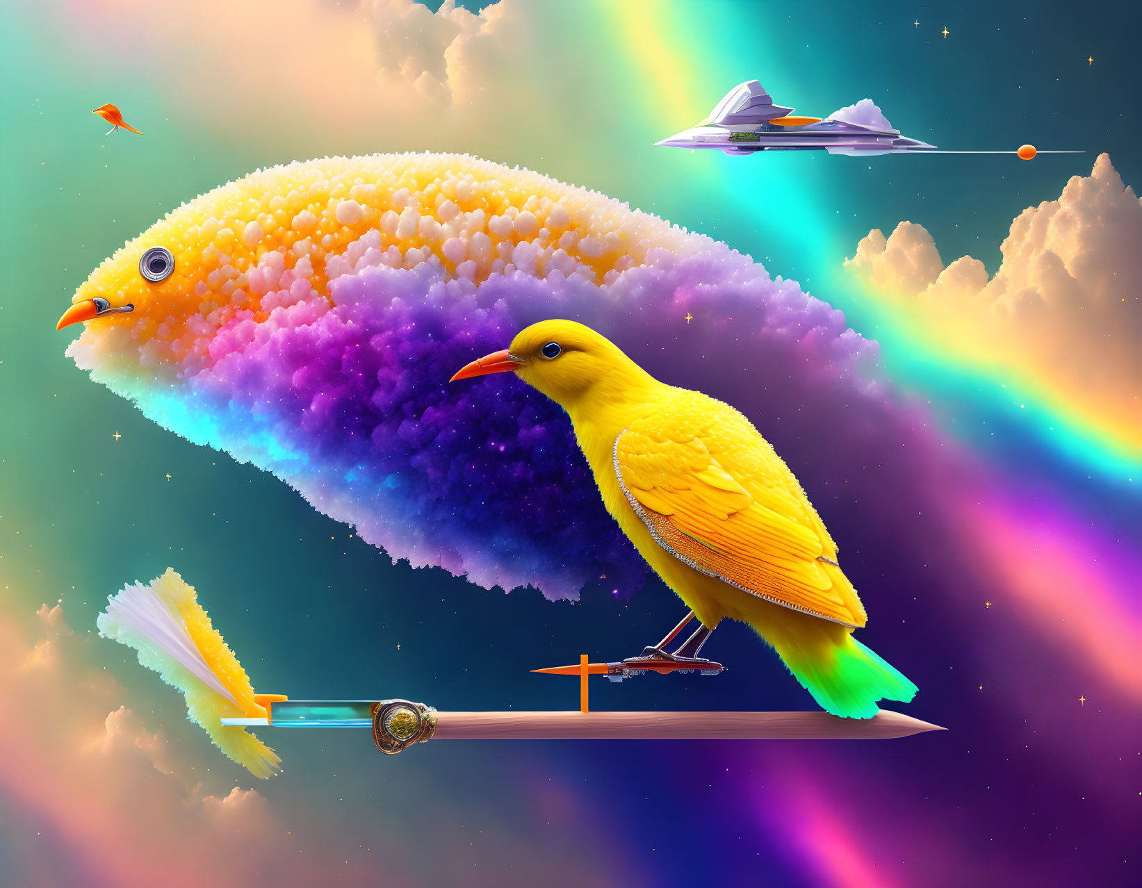 Colorful bird-shaped nebula, yellow bird on pencil, whimsical objects in surreal sky