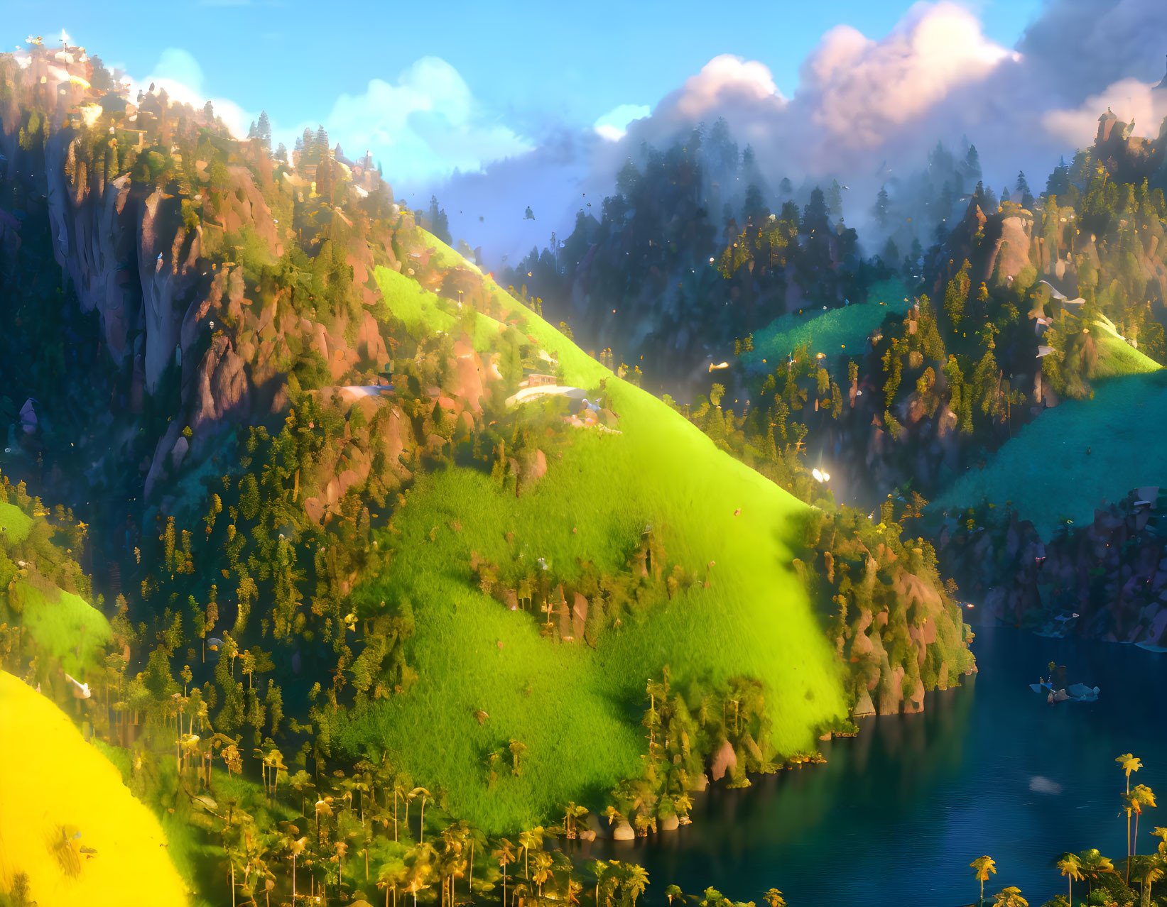 Lush Green Hills, Serene Lake & Rocky Cliffs in Animated Landscape