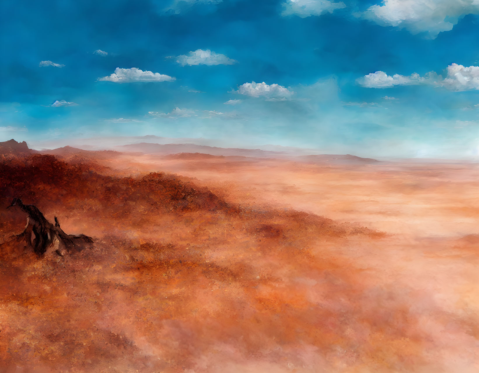 Vibrant digital painting of desert landscape with orange hills and blue sky