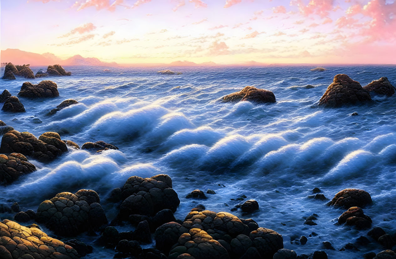 Vibrant sunset over rocky coastline with crashing waves