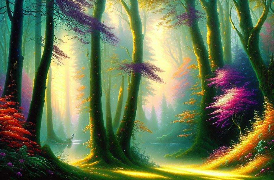 Majestic forest scene with towering trees and colorful flora