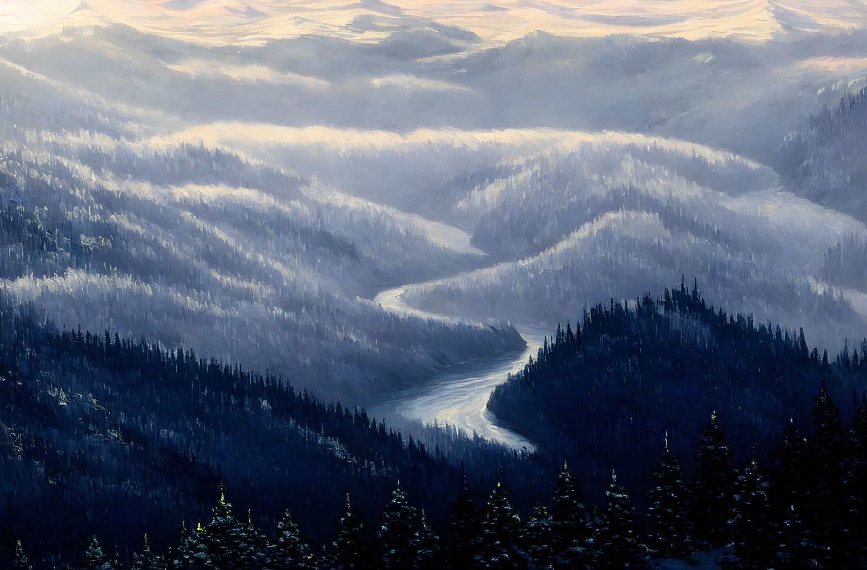 Snowy Mountain Landscape Painting with River and Pine Trees