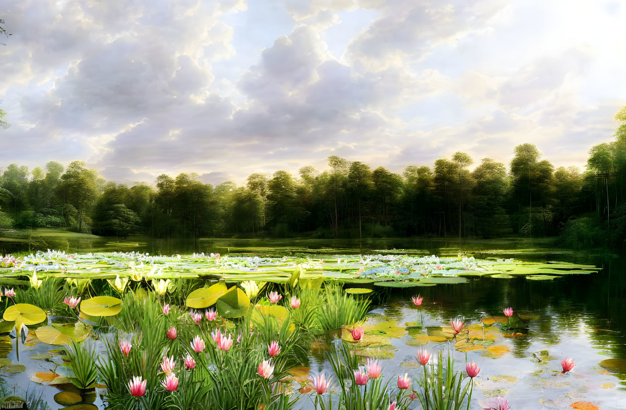 Tranquil lake with blooming water lilies and lush forest at sunrise