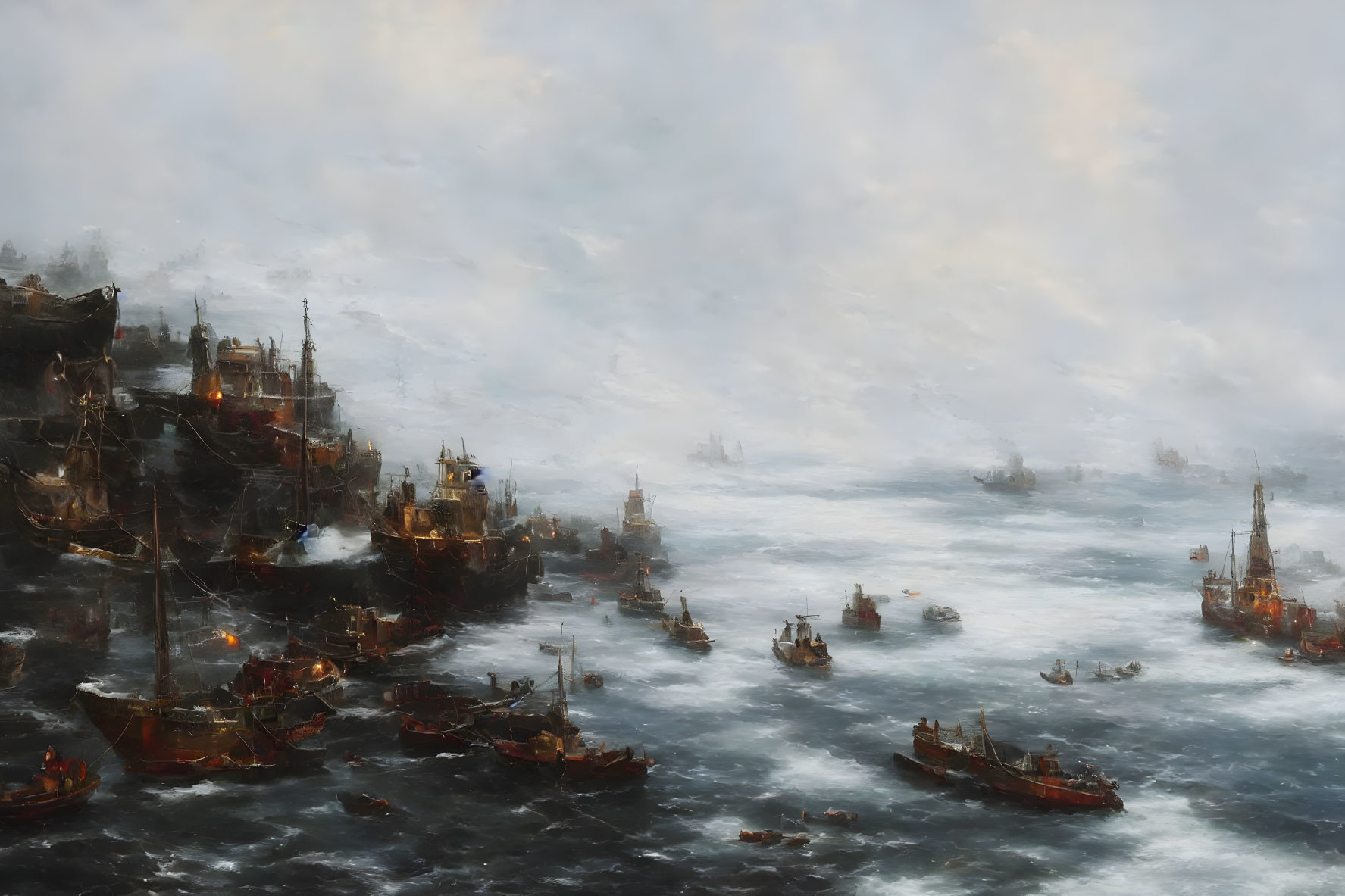 Vintage Ships and Boats in Misty Sea Scene