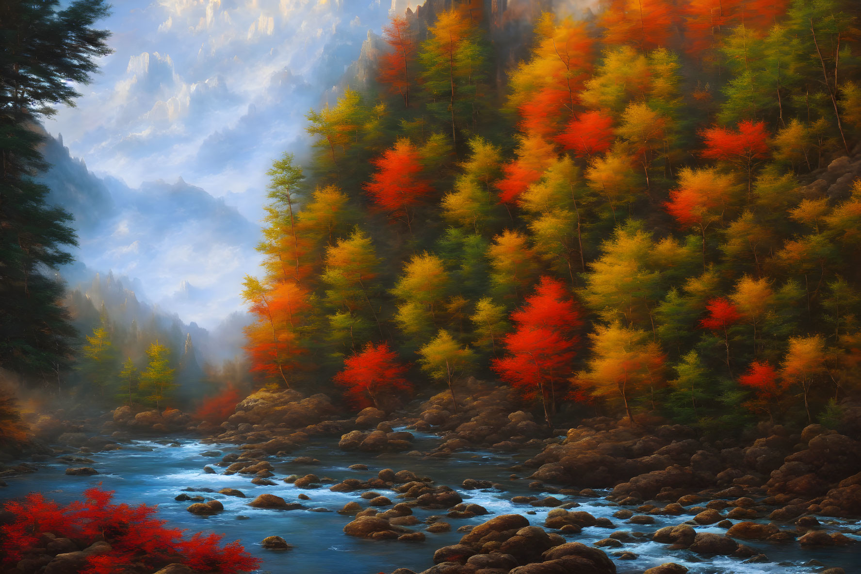 Vibrant autumn forest with red and orange trees near rocky stream