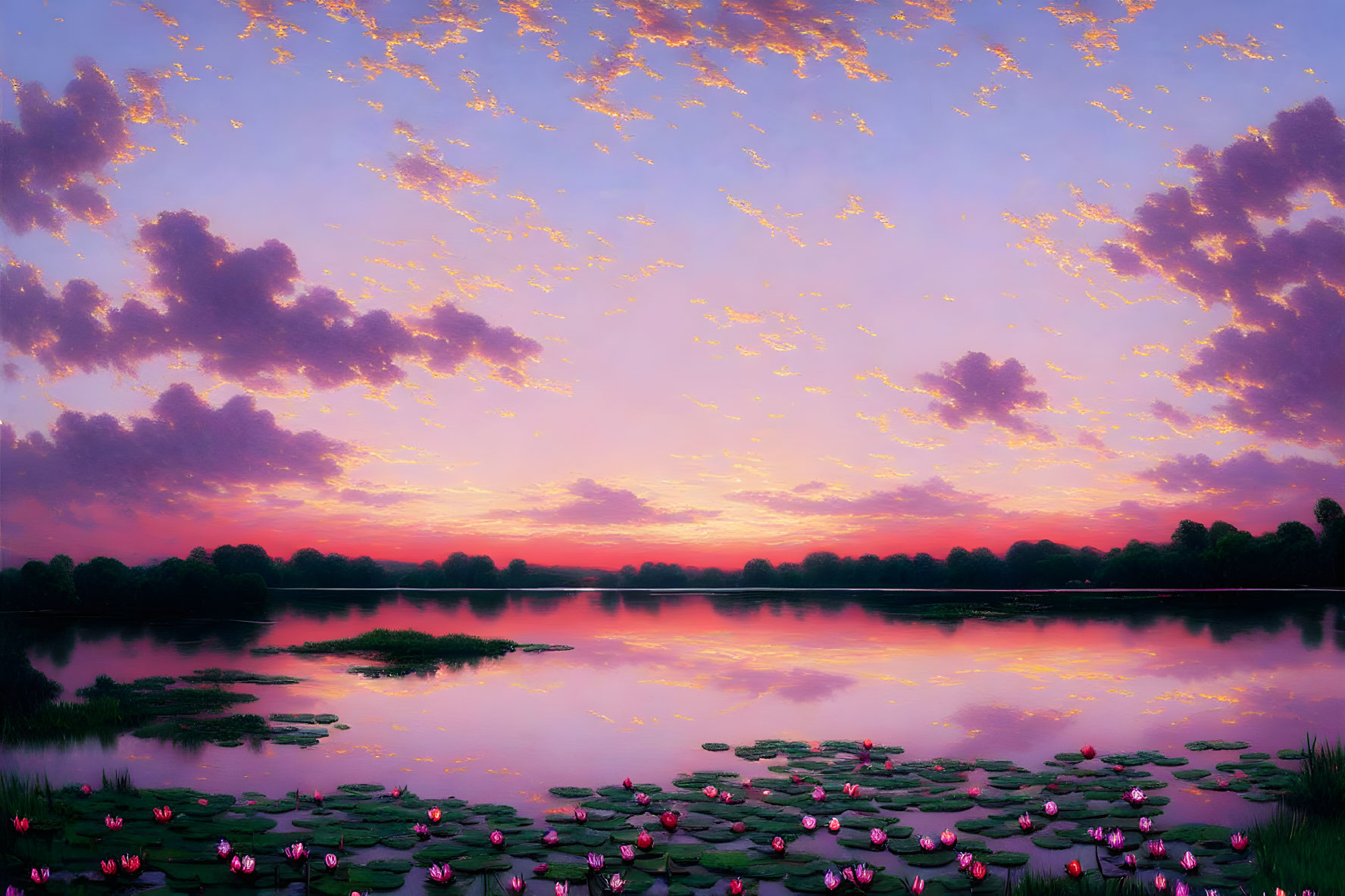 Tranquil lake with blooming pink lotus flowers under vibrant sunset sky